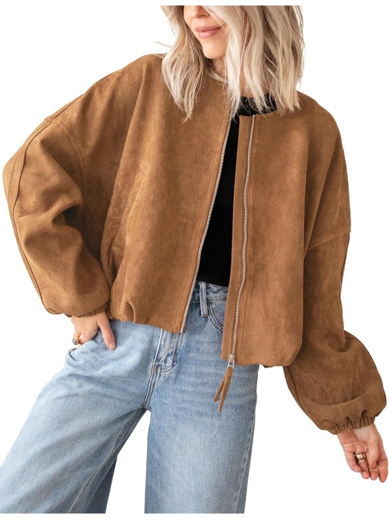 Women's Brown Faux Suede Oversized Bomber Jacket Cropped Motorcycle Coat